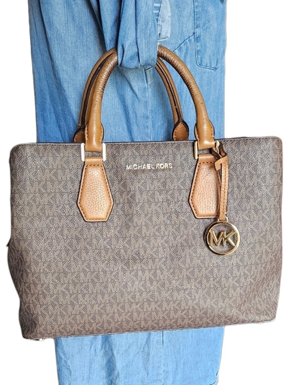Michael Kors Brown Logo-Print Satchel with Tan Handles and Gold Hardware
